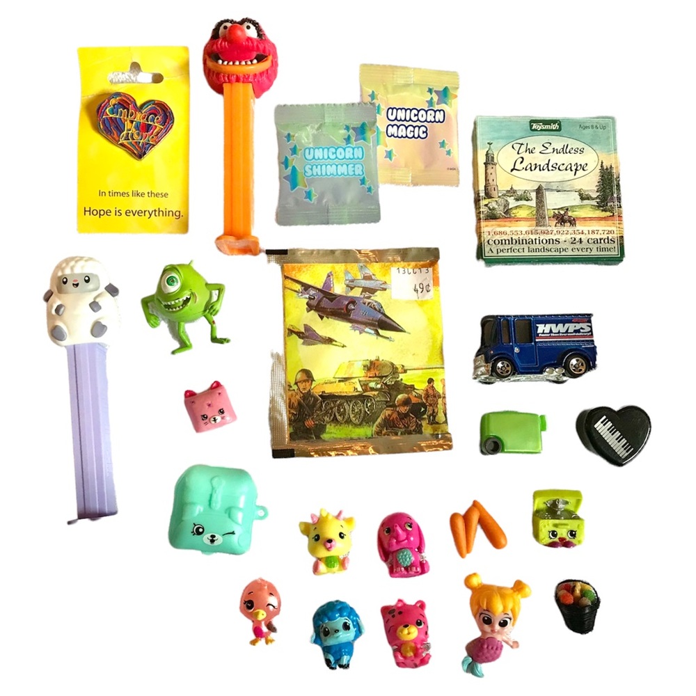Small toy lot PEZ Shopkins Hatchimals Hot Wheels Disney plastic figures etc